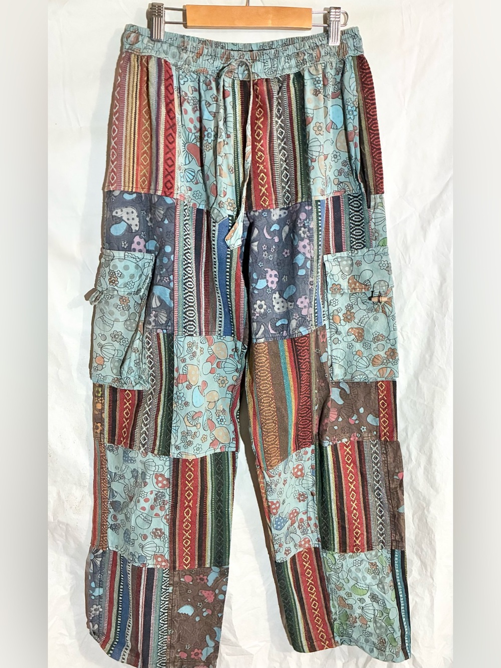 Kathmandu Patchwork Pants S/M Drawstring Mushrooms Pockets Festival Boho Hippie